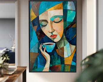Cubist Woman Drinking Tea Wall Art, Abstract Geometric Female Portrait Canvas Print in Blue and Teal Tones for Modern Home Decor
