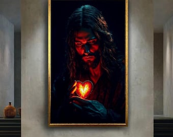Sacred Heart of Jesus Canvas Art, Glowing Heart Christian Print, Dramatic Spiritual Wall Decor for Religious Home or Prayer Room