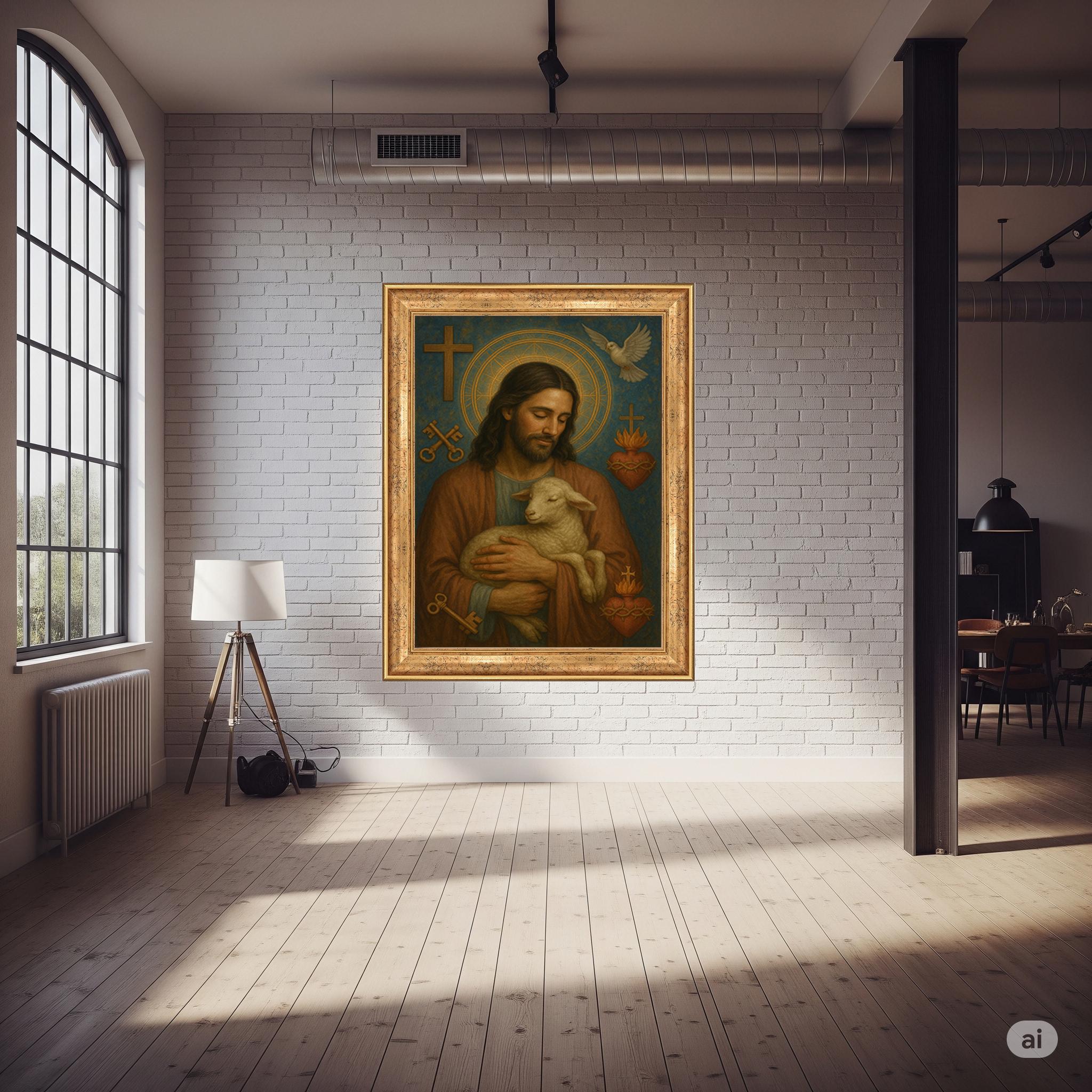 Jesus Holding Lamb Religious Art - Sacred Heart Christian Poster - Catholic Wall Decor with Symbols of Faith and Peaceful Spirituality
