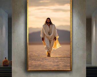 Jesus Walking in Desert Canvas Wall Art, Christian Religious Artwork of Faith and Hope, Spiritual God Inspired Home Decor Gift for Believers