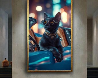 Cool Black Cat Driving Car Wall Art Print – Funny Hip Hop Style Animal Canvas – Neon Pop Art Poster – Trendy Modern Home Decor