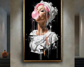 Modern Graffiti Statue Canvas Wall Art – Pink Hair Bubblegum Girl, Classical Sculpture Street Art Print for Trendy Urban Home Decor