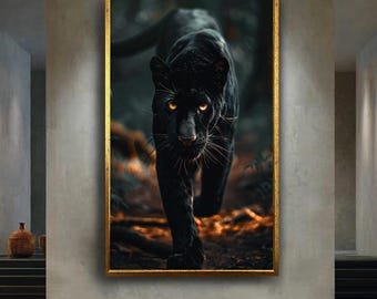 Black Panther Canvas Wall Art – Fierce Jungle Predator with Golden Eyes, Exotic Wild Cat Animal Print, Wildlife Home Decor for Living Room