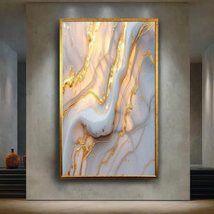 Abstract Gold and White Marble Canvas Wall Art with Fluid Painting Texture, Modern Luxury Minimalist Home Decor Accent Piece