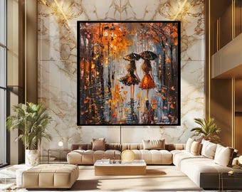 Autumn Walk with Umbrellas Canvas Wall Art – Impressionist Print of Two Women Strolling in Fall Rain with Orange Leaves