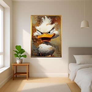 Impresión artística de dibujos animados de pato enojado, póster de pintura de personaje animal divertido, ilustración de pájaro caprichoso para habitación infantil o decoración de pared divertida