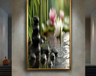 Zen Stones and Lotus Flowers Canvas Wall Art – Peaceful Bamboo Pond Print for Spa, Meditation Room or Tranquil Nature Home Decor