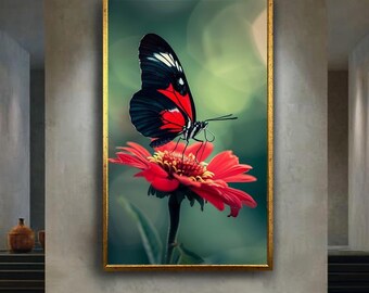 Butterfly on Red Flower Canvas Wall Art – Close Up Nature Photography Print for Botanical Wall Decor, Bedroom or Peaceful Home Accent