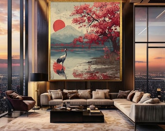 Japanese Crane and Red Sun Wall Art with Autumn Tree and Mountain Scenery, Tranquil Nature Canvas Print for Zen and Japandi Decor