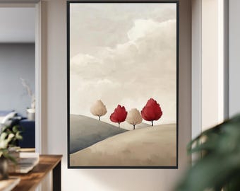 Minimalist Tree Landscape Canvas Wall Art – Neutral Tones and Red Accent Trees for Scandinavian Decor, Calm Interiors and Modern Walls