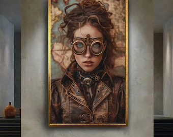 Steampunk Explorer Woman Canvas Wall Art – Vintage Leather Jacket and Brass Goggles Portrait with Map Background