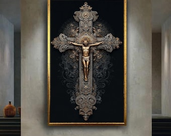 Golden Ornate Crucifix Canvas Wall Art, Detailed Christian Cross Print with Sacred Jesus Figure for Religious and Spiritual Home Decor