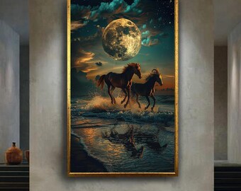 Moonlit Wild Horses Beach Canvas Wall Art – Majestic Horses Running in Ocean Waves Under Full Moon Fantasy Night Scene