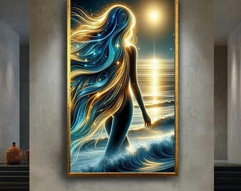 Mystical ocean goddess canvas wall art print, glowing fantasy woman artwork with cosmic hair, spiritual beach decor for dreamy interiors