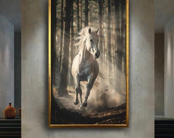 Majestic White Horse Running Through Forest Wall Art Print with Sun Rays Wild Animal Photography Rustic Nature Home Decor