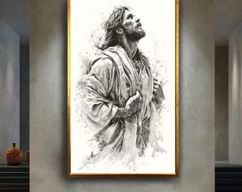 Religious Jesus Christ Canvas Wall Art in Black and White Sketch Style, Inspirational Christian Artwork for Faith Based Home Decor