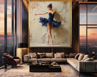 Elegant Ballerina Canvas Wall Art Painting of Ballet Dancer in Blue Tutu Classic Dance Movement Feminine Grace Decor Print