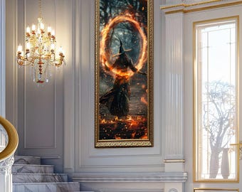 Witch Fire Magic Wall Art Fantasy Sorceress Canvas Art Dark Forest Spell Artwork Halloween Decor Print