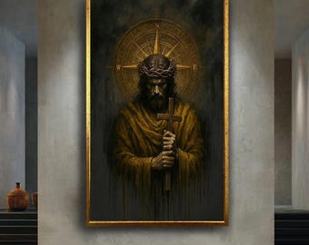 Jesus with Cross Canvas Wall Art, Sacred Christian Religious Print, Crown of Thorns Artwork for Prayer Room or Spiritual Home Decor