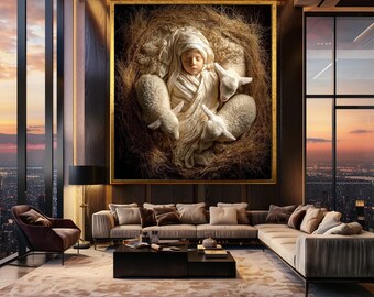 Newborn Baby and White Lambs Canvas Wall Art – Peaceful Nativity Style Print in Straw Nest for Nursery or Christian Home