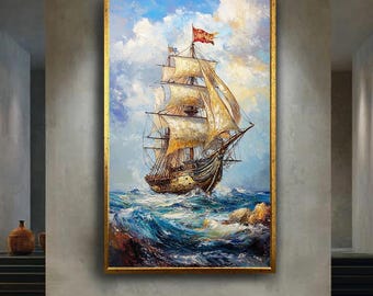 Vintage Tall Ship Sailing in Stormy Ocean – Nautical Wall Art Print With Dramatic Waves and Sky in Classic Maritime Style Painting