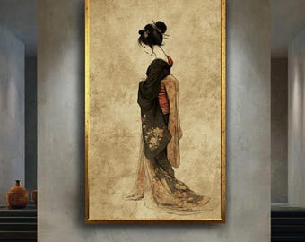 Japanese Woman Canvas Wall Art in Floral Kimono – Elegant Traditional Asian Portrait for Zen, Minimalist or Vintage Home Decor