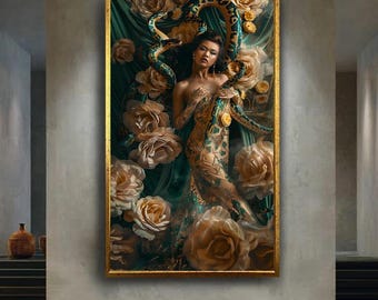 Mystical Woman with Snake Canvas Wall Art – Luxury Fantasy Female Portrait Surrounded by Roses for Glam Room or Bold Home Decor