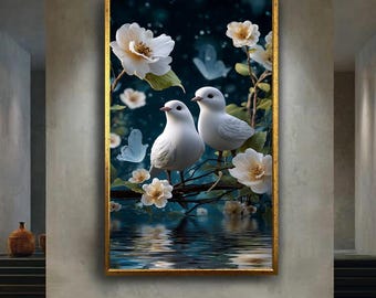 Romantic White Doves Wall Art Print, Floral Fantasy Nature Canvas Art, Dreamy Birds and Flowers Illustration, Peaceful Decor