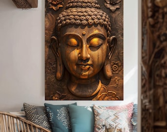 Golden Buddha Canvas Wall Art – Ornate Floral Spiritual Decor for Meditation Room, Zen Space or Asian-Inspired Interior Design