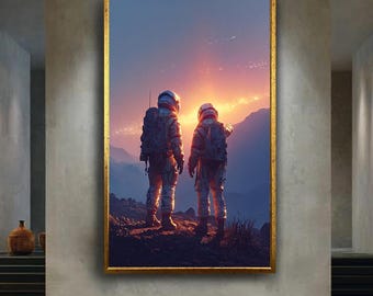 Sunset Astronauts Wall Art Print, Sci Fi Landscape with Galaxy View, Digital Space Poster for Sci Fi Fans and Outer Space Decor