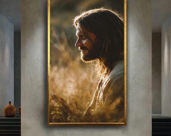 Peaceful Jesus Wall Art Print, Golden Light Spiritual Portrait, Christian Canvas Art, Faith Based Sunset Calm Religious Decor
