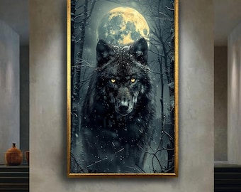Mystical Black Wolf Wall Art with Full Moon Dark Forest Fantasy Animal Artwork Gothic Wildlife Print Spiritual Home Decor
