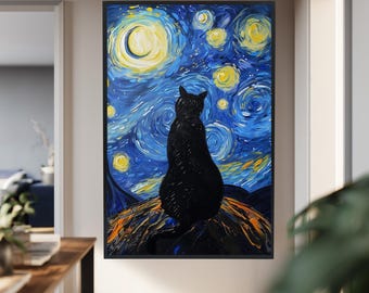 Starry Night Cat Wall Art Inspired by Van Gogh, Whimsical Black Cat Canvas Print with Moon and Stars for Artistic Home Decor