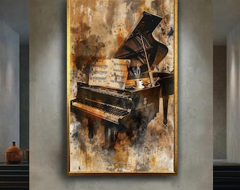 Vintage Grand Piano Canvas Wall Art – Classical Music Sheet and Coffee Cup Artwork for Music Lovers, Studio or Cozy Home Decor