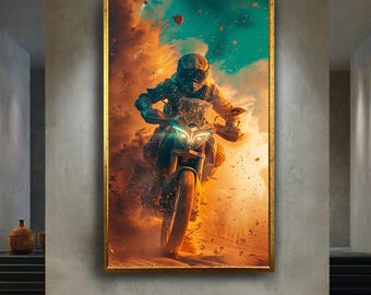 Extreme Motorcycle Rider Canvas Wall Art, Adrenaline Sports Action Print, Bold Motocross Artwork with Dynamic Speed and Dust Effect