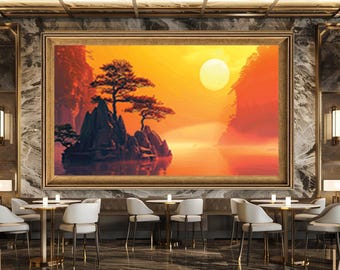 Zen Sunset Landscape Wall Art Canvas Print Tranquil Nature Scene with Pine Trees and Lake Asian Style Meditation Room Decor