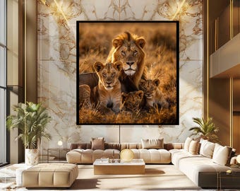 Lion Family Wall Art Canvas Print – African Wildlife Safari Scene for Nature Lovers, Animal Themed Home Decor and Rustic Wall Design