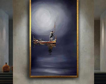 Lonely Fisherman on Moonlit Boat Wall Art Print – Minimalist Night Sea Painting, Serene Nautical Decor, Peaceful Digital Poster
