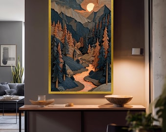 Layered Forest and Mountain Canvas Wall Art with Glowing River and Sun,Woodcut Style Landscape Canvas Print for Rustic Cabin or Nature Decor