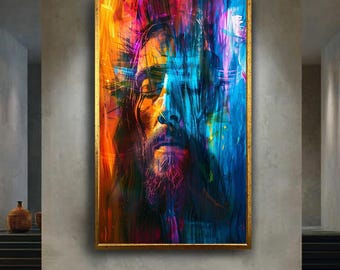 Colorful Abstract Jesus Canvas Wall Art with Vibrant Paint Strokes, Modern Christian Religious Artwork for Inspirational Home Decor