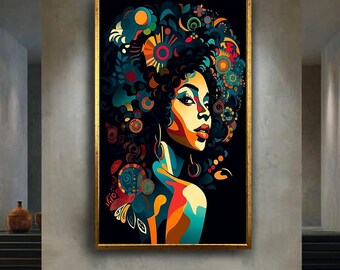 Afro Woman Pop Art Canvas Portrait Colorful Retro Style Abstract Female Wall Print For Studio Room Or Bold Home Decor
