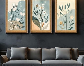 Minimal Botanical Canvas Wall Art Set of 3, Modern Abstract Floral Prints in Soft Green and Beige, Scandinavian Style Home Decor
