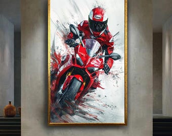 Red Sport Motorcycle Canvas Wall Art – Racing Biker Print, Modern Motorbike Decor for Garage, Living Room, Man Cave, Gift for Riders