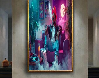 Vaporwave Mario-Inspired Canvas Wall Art – Chill Retro Gamer Character Smoking in Neon Room – Urban 80s Vibe Decor for Cool Interiors