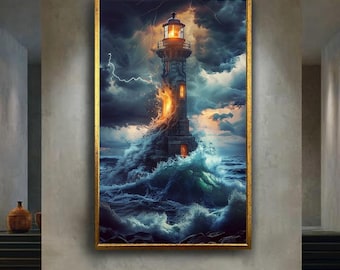 Epic Lighthouse Storm Wall Art Ocean Canvas Print Lightning Sea Poster for Nautical Home Decor or Dramatic Coastal Gift Idea