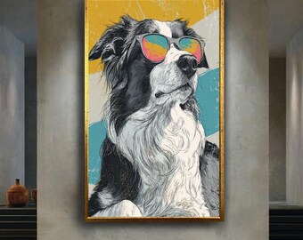 Cool Dog Wall Art Print, Funny Sunglasses Dog Illustration Poster, Colorful Border Collie Canvas, Retro Hipster Pet Decor Artwork