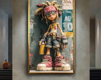 Urban Graffiti Kid Canvas Wall Art – Street Style Punk Character Illustration – Edgy Spray Paint Streetwear Poster for Cool Room Decor