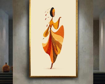 Elegant African Woman Wall Art Print, Vibrant Tribal Style Feminine Poster with Orange Tones for Ethnic Boho Home Decor