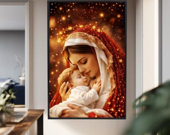 Virgin Mary with Baby Jesus Canvas Print, Madonna and Child Wall Art, Christian Religious Decor, Sacred Motherhood Art