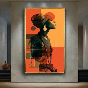 Modern African Woman Wall Art, Abstract Orange Toned Afrocentric Portrait with Tribal Jewelry for Bold Boho Home Decor Style